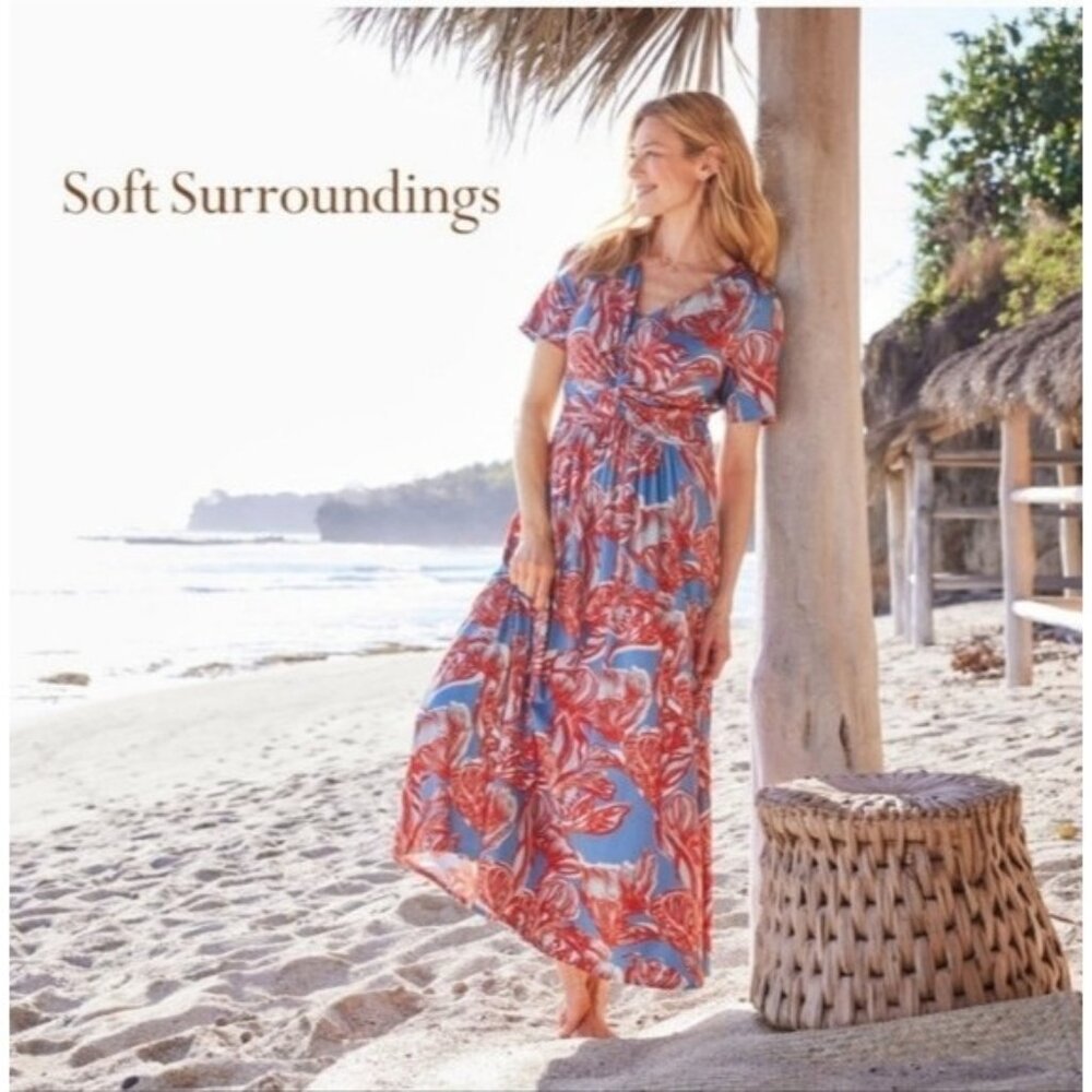Soft Surroundings Maxi Dress L Blue Red Floral Twist Front Empire Soft Knit